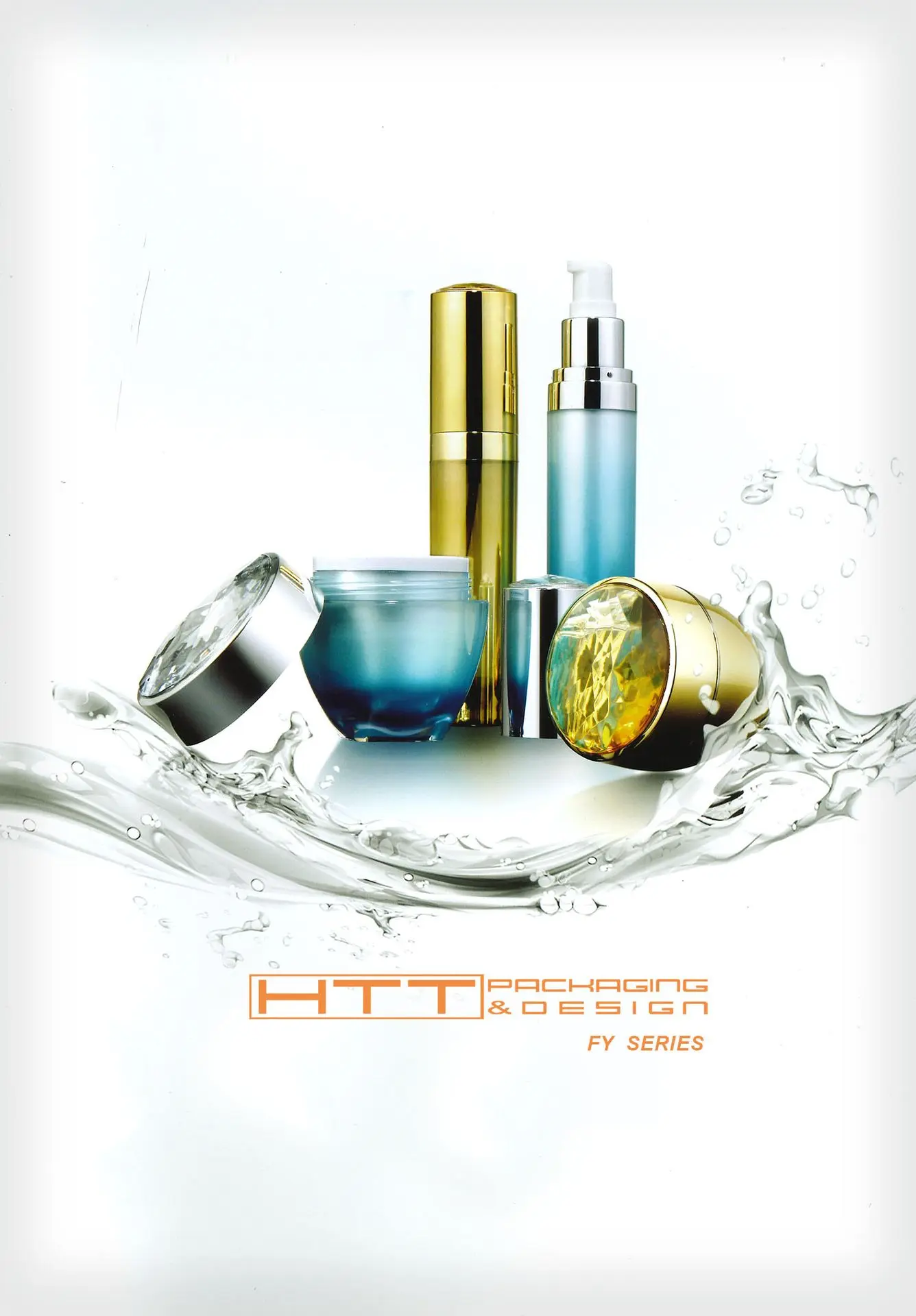 FY Series luxury cosmetic packaging featuring gold plating and diamond-cut acrylic caps.