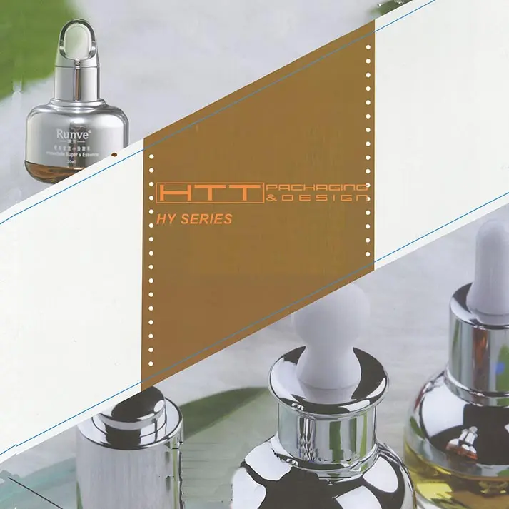 HYI Series luxury silver acrylic dropper bottles and serum packaging with metallic finish.