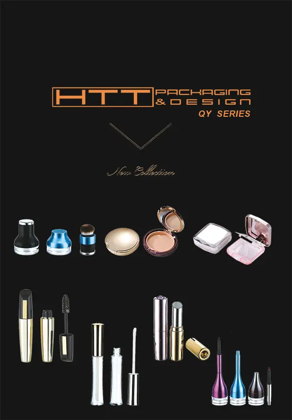 QY Series full cosmetic makeup line including mascara tubes, eyeliner pens, and cushion compact cases.