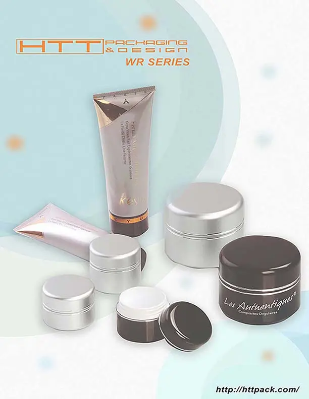WR Series metallic finish cosmetic packaging including aluminum jars and soft touch tubes.